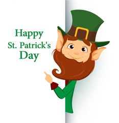 Smiling cartoon character leprechaun with green hat showing on placard with greetings