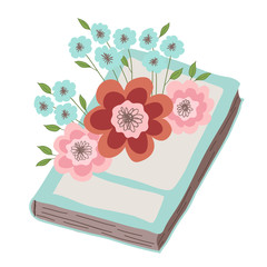 Pink and blue flowers lie on the book. Illustration on white background