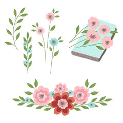A set of floral ornaments, flowers with leaves on a book. Illustrations for design