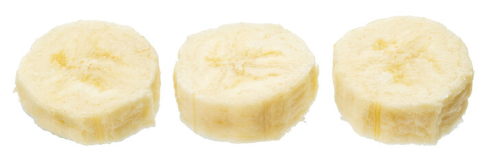 Peeled banana slices on the white background.