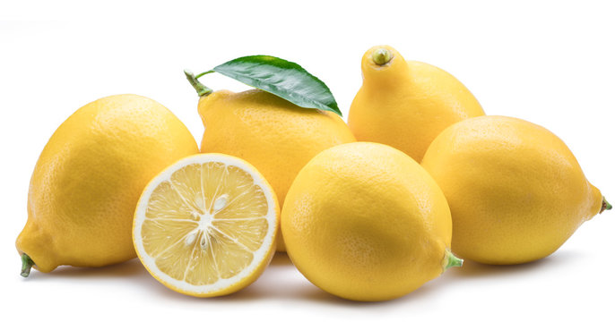 Group of lemon fruits with lemon leaf on the white background.
