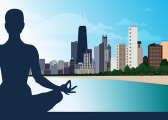 Young female in yoga lotus asana. Urban background with city skyscrapers, blue sky, water. Concept of unification of Eastern and Western traditions. Healthy lifestyle, internal balance, spirituality.