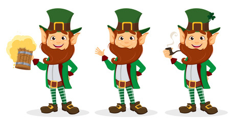 Set of smiling cartoon character leprechaun