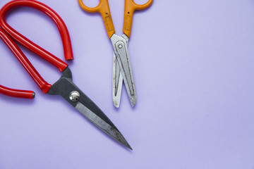 Home, House Repair, Redecorating, Renovating Concept. A set of repair tools on a blue grid: two scissors, top view, flat lay