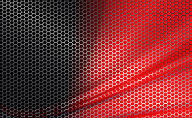 red geometric background with wavy metal grille