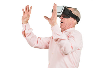 Grandfather is looking at the VR sunglasses, gestures with his hands, isolated on a white background.