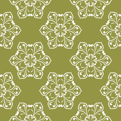 White flower on olive green background. Seamless pattern