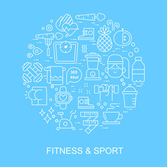 Fototapeta na wymiar Sport and fitness, food icons arranged in a cirle. Thin line flat design, isolated vector clipart.