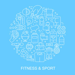 Fototapeta na wymiar Sport and fitness, food icons arranged in a cirle. Thin line flat design, isolated vector clipart.