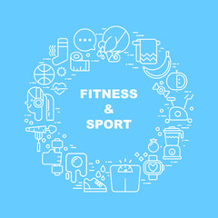 Sport and fitness, food icons arranged in a cirle. Thin line flat design, isolated vector clipart.