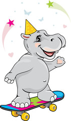 Happy hippo on skateboard