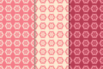 Set of red floral ornaments. Cherry pink vertical seamless patterns