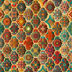 Papier Peint photo Lavable Tuiles marocaines Modèle sans couture avec mandalas décoratifs. Éléments de mandala vintage. Patchwork coloré.