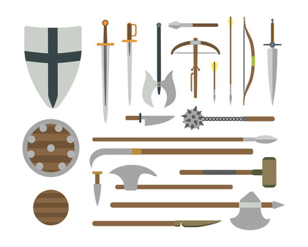 Set of different medieval weapons vector flat illustrations.