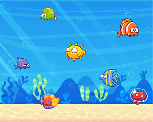 Naklejka premium Family of marine animals in the sea. Underwater scene. Funny cartoon and vector illustration