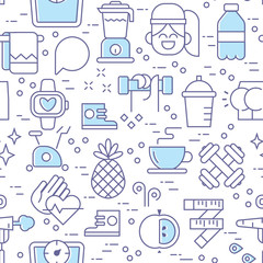 Sport and healthy lifestyle pattern with different sport and fitness icons.