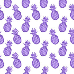 Seamless pattern from the colorful  hand drawn pineapples on the white background.