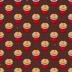 Hand drawn vector pattern. Muffin and wild strawberry. Background for a bakery, bakeshop, cafe.