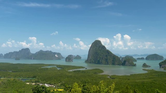Panning shot of the little islands and indented coastline in the Phang Nga Bay at midday. Thailand.