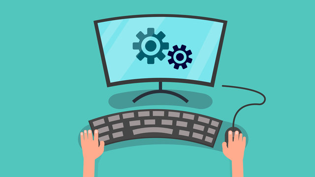 Hands using computer to config system vector illustration.Setting personal computer concept