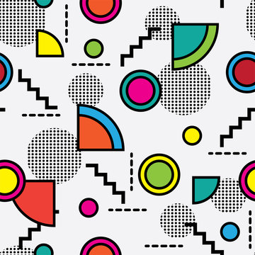 Seamless memphis style pattern with colorful geometrical shapes