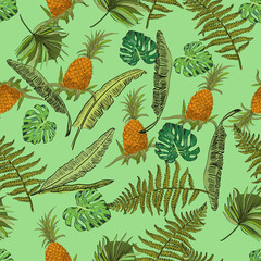 Tropical hand drawn exotic seamless pattern with leaves and fruits. Package design.