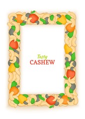 Vertical rectangle frame composed of delicious cashew nut. Vector card illustration. Nuts frame, walnut fruit in the shell, shelled, leaves for packaging design of breakfast cosmetics detox diet.
