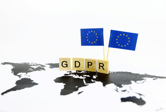 General Data Protection Regulation (GDPR) text and EU flag on Map Europe