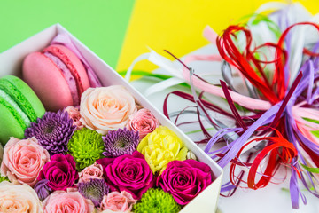 Set of flowers,sweet macaroons. Gift. Surprise for the girl