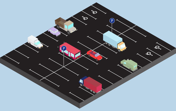 Isometric parking with sign and place for invalids. Parked vehicle, trucks, car, bus isolated