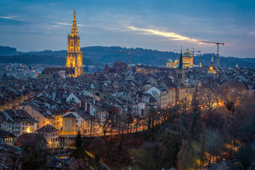 Panoramic view of the old town of Bern, Capital of Switzerland at twilight.