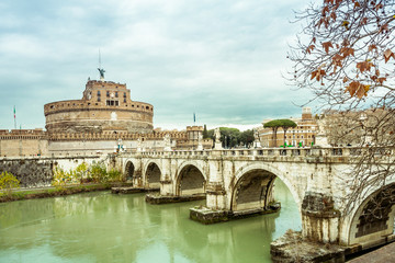 castel and Ponte Sant Angelo over the river Tiber in Rome Italy Europe Winter Travel  Cities