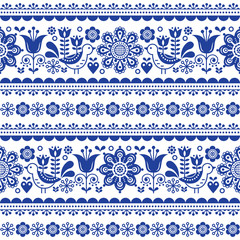 Scandinavian seamless vector pattern with flowers and birds, Nordic folk art repetitive navy blue ornament  - obrazy, fototapety, plakaty