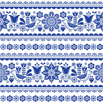Scandinavian seamless vector pattern with flowers and birds, Nordic folk art repetitive navy blue ornament 