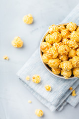 Sweet caramel popcorn for party or cinema at home