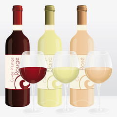 Red, white and rosé wine bottles and wine glasses. Vector marketing illustration. Virtual french brand name.