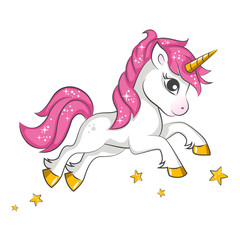 Cute little pink  magical unicorn. Vector design on white background. Print for t-shirt. Romantic hand drawing illustration for children.