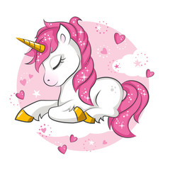 Cute little pink  magical unicorn. Vector design on white background. Print for t-shirt. Romantic hand drawing illustration for children. - obrazy, fototapety, plakaty
