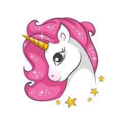 Cute little pink  magical unicorn. Vector design on white background. Print for t-shirt. Romantic hand drawing illustration for children. - 192318133