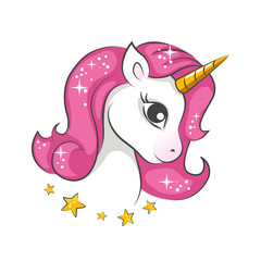 Cute little pink  magical unicorn. Vector design on white background. Print for t-shirt. Romantic hand drawing illustration for children. - 192318141