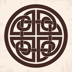 Celtic national ornament interlaced ribbon. Old beige background with the aging effect.