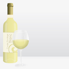 White wine bottle and wine glass. Vector marketing background. Virtual french brand name.