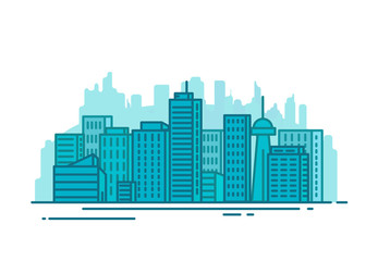 Fototapeta premium City with buildings and skyscrapers on background. Flat style line vector illustration. Business city center with modern houses. Business center of town. Clouds and sky. Park and smart city concept.