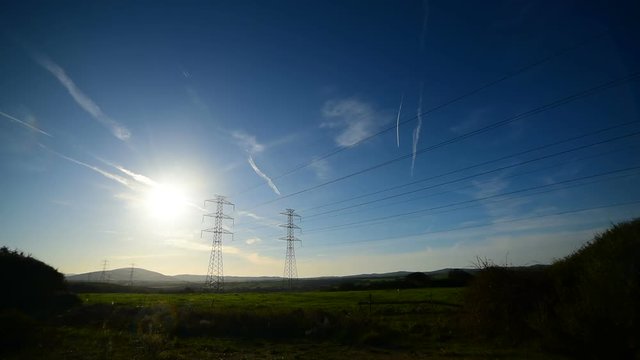Electricity pylons in the countryside. Sardinia, Italy