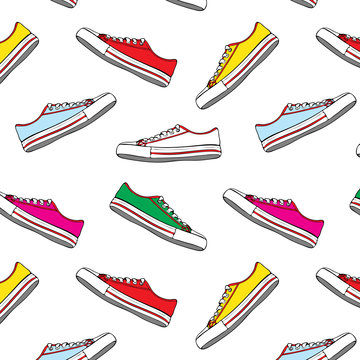 Seamless pattern with multi-colored textile sneakers