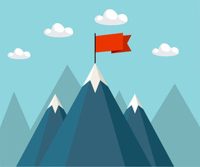Landscape with flag on the mountain. Success concept illustration. Vector illustration.