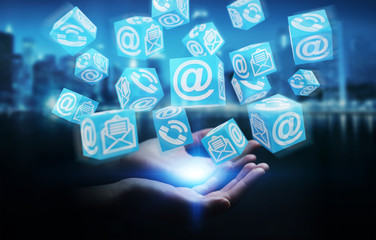 Businessman using floating cube contact 3D rendering