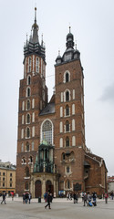 Krakow, Lesser Poland / Poland - Feb 02 2018: St. Mary's basilica in main square of Krakow.