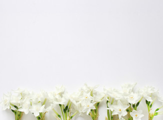 Styled stock photo. Spring, Easter feminine desktop scene with pink plate, narcissus, daffodils flowers and white table. Floral composition, web banner. Top view. Picture for blog or social media.