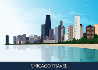 Naklejka premium American Urban Chicago city background with skyscrapers, lake Michigan and blue sky. Vector EPS 10
